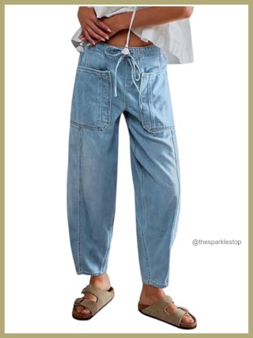 Loose Cropped Denim Pants Elastic Waist Utility Pockets Casual